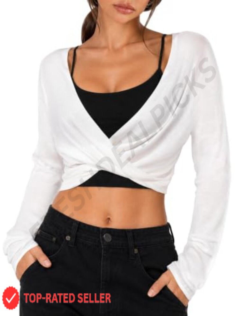 Womens V Neck Twist Front Long Sleeve Crop Top Lyocell Knit